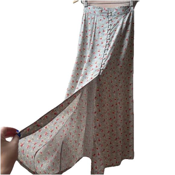 Vintage 90s Express Floral Midi Skirt Blue Rose Print Button Front Cottagecore S - Picture 4 of 11